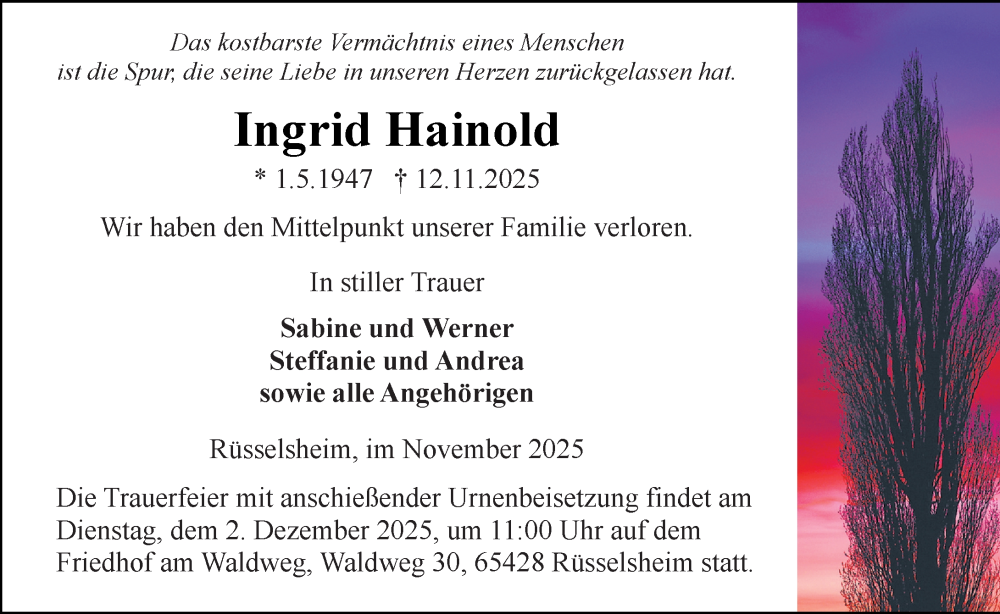  Traueranzeige für Ingrid Hainold vom 22.11.2025 aus Rüsselsheimer Echo