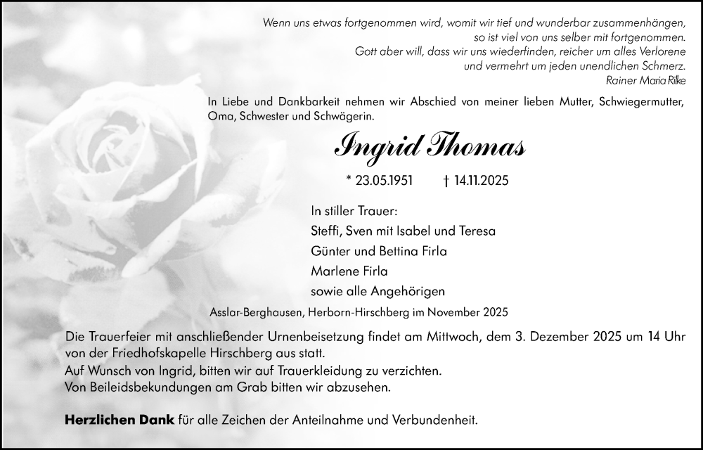  Traueranzeige für Ingrid Thomas vom 28.11.2025 aus Dill Block