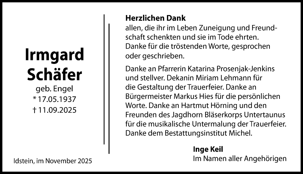  Traueranzeige für Irmgard Schäfer vom 06.11.2025 aus Camberger Anzeiger