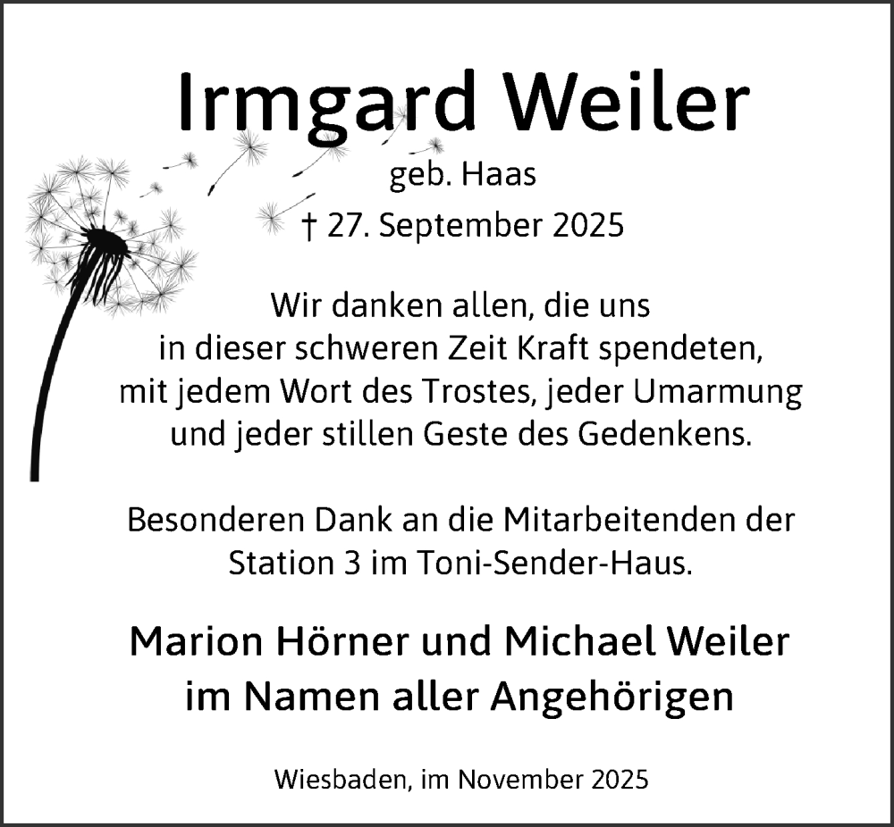  Traueranzeige für Irmgard Weiler vom 15.11.2025 aus Wiesbadener Kurier