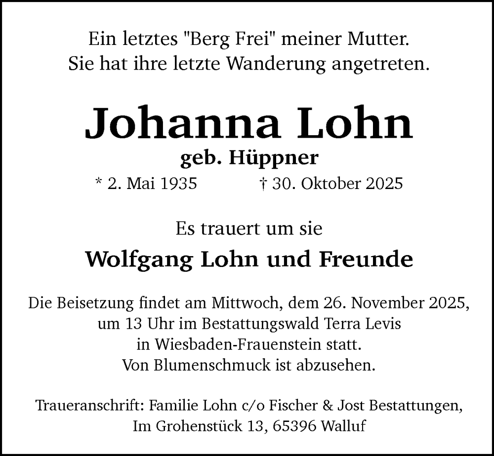  Traueranzeige für Johanna Lohn vom 22.11.2025 aus Wiesbadener Kurier