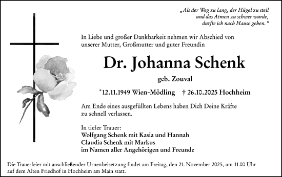 Traueranzeige von Johanna Schenk von Hochheimer Zeitung
