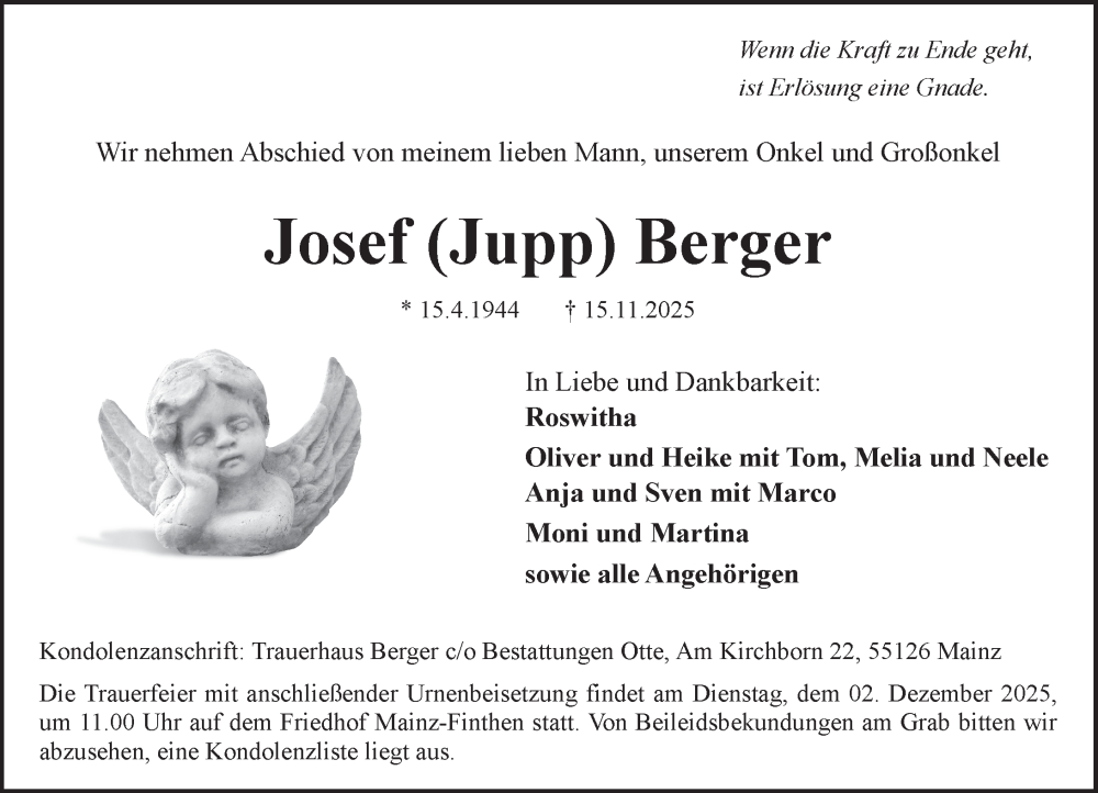 Traueranzeige für Josef Berger vom 22.11.2025 aus Allgemeine Zeitung Mainz
