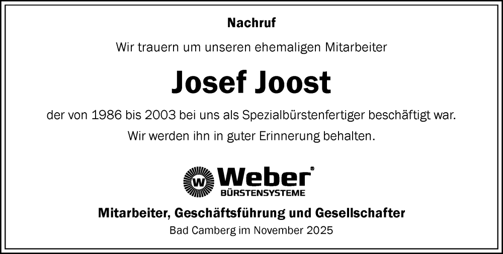 Traueranzeige für Josef Joost vom 20.11.2025 aus Camberger Anzeiger