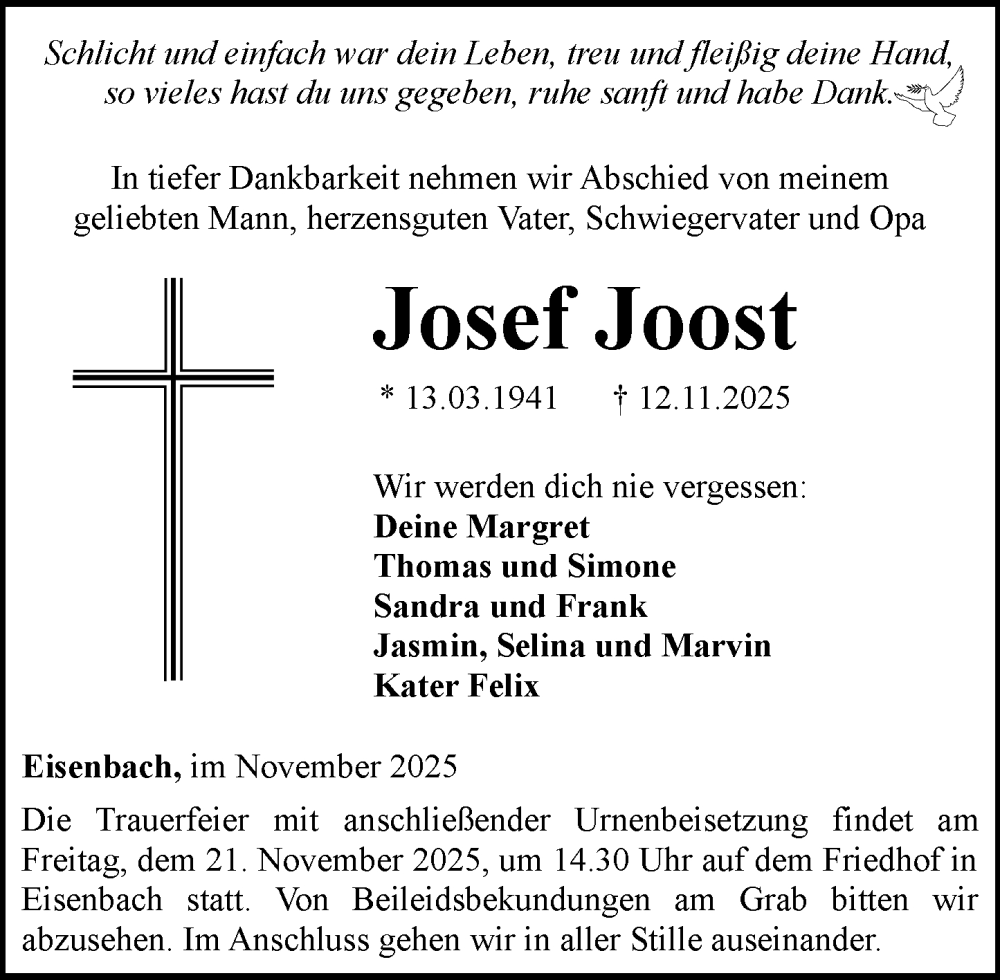  Traueranzeige für Josef Joost vom 20.11.2025 aus Camberger Anzeiger