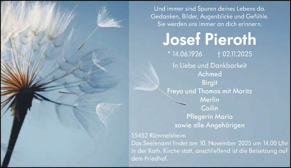  Traueranzeige für Josef Pieroth vom 08.11.2025 aus Allgemeine Zeitung Rheinhessen-Nahe
