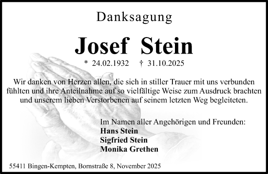 Traueranzeige von Josef Stein von Allgemeine Zeitung Rheinhessen-Nahe
