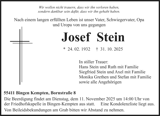 Traueranzeige von Josef Stein von Allgemeine Zeitung Rheinhessen-Nahe