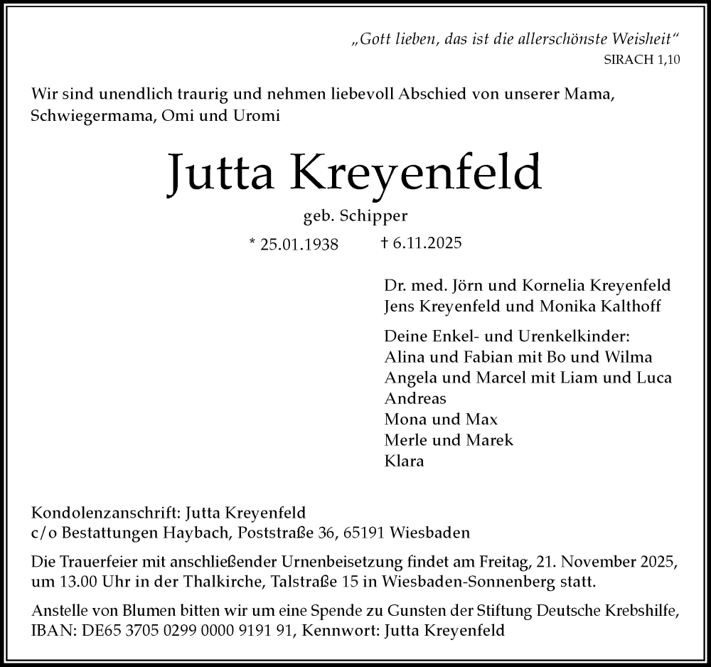  Traueranzeige für Jutta Kreyenfeld vom 15.11.2025 aus Wiesbadener Kurier