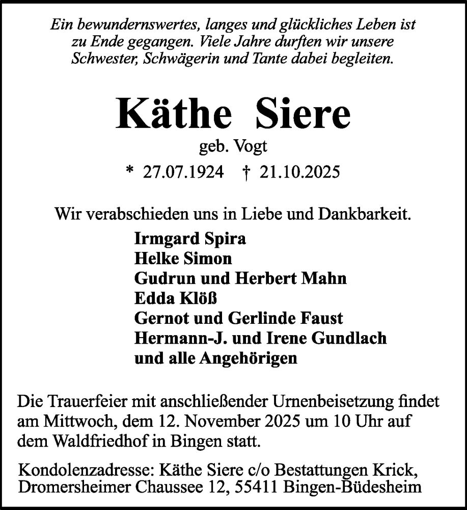  Traueranzeige für Käthe Siere vom 08.11.2025 aus Allgemeine Zeitung Rheinhessen-Nahe