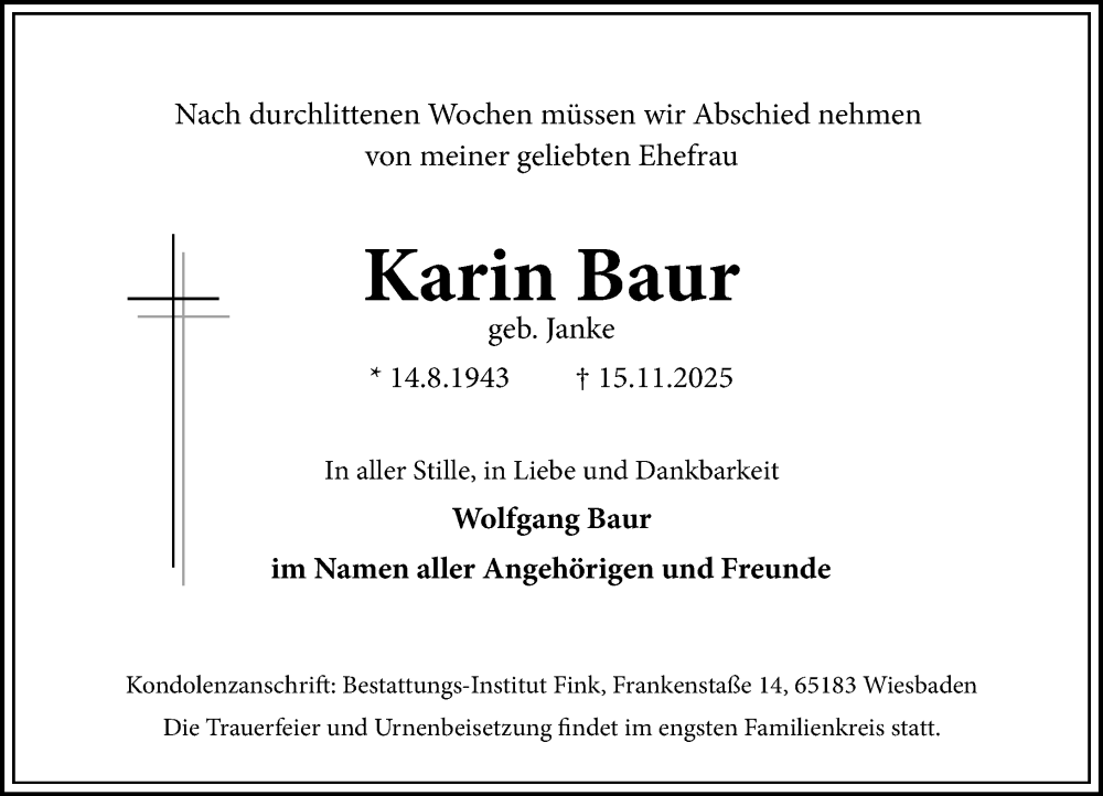  Traueranzeige für Karin Baur vom 29.11.2025 aus Wiesbadener Kurier