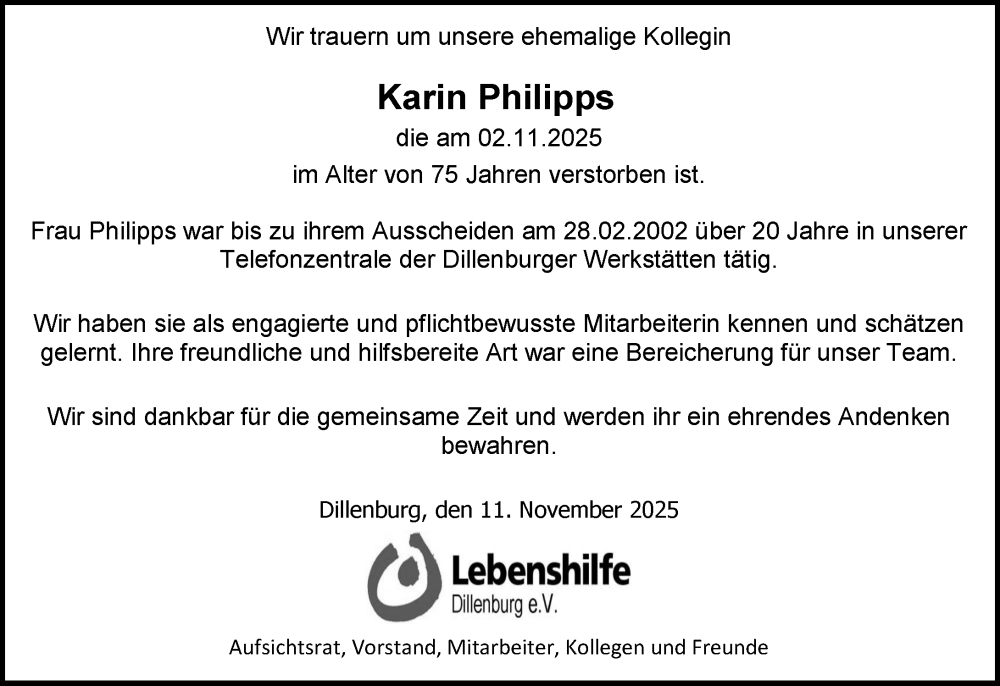  Traueranzeige für Karin Philipps vom 15.11.2025 aus Dill Block
