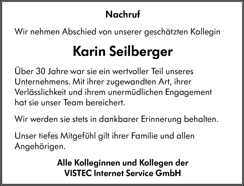  Traueranzeige für Karin Seilberger vom 15.11.2025 aus Wiesbadener Kurier