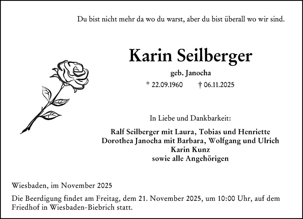  Traueranzeige für Karin Seilberger vom 15.11.2025 aus Wiesbadener Kurier