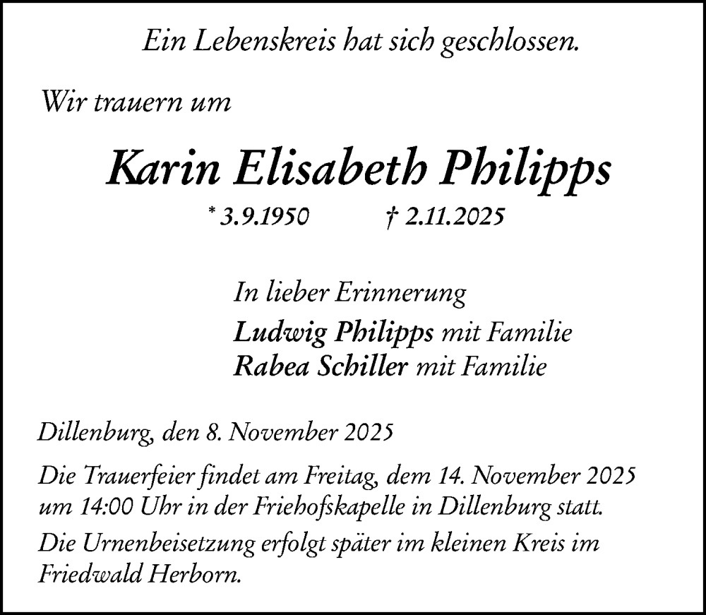  Traueranzeige für Karin Elisabeth Philipps vom 08.11.2025 aus Dill Block