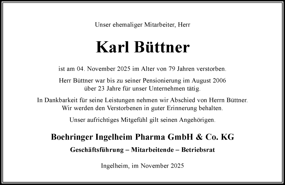  Traueranzeige für Karl Büttner vom 13.11.2025 aus Allgemeine Zeitung Rheinhessen-Nahe