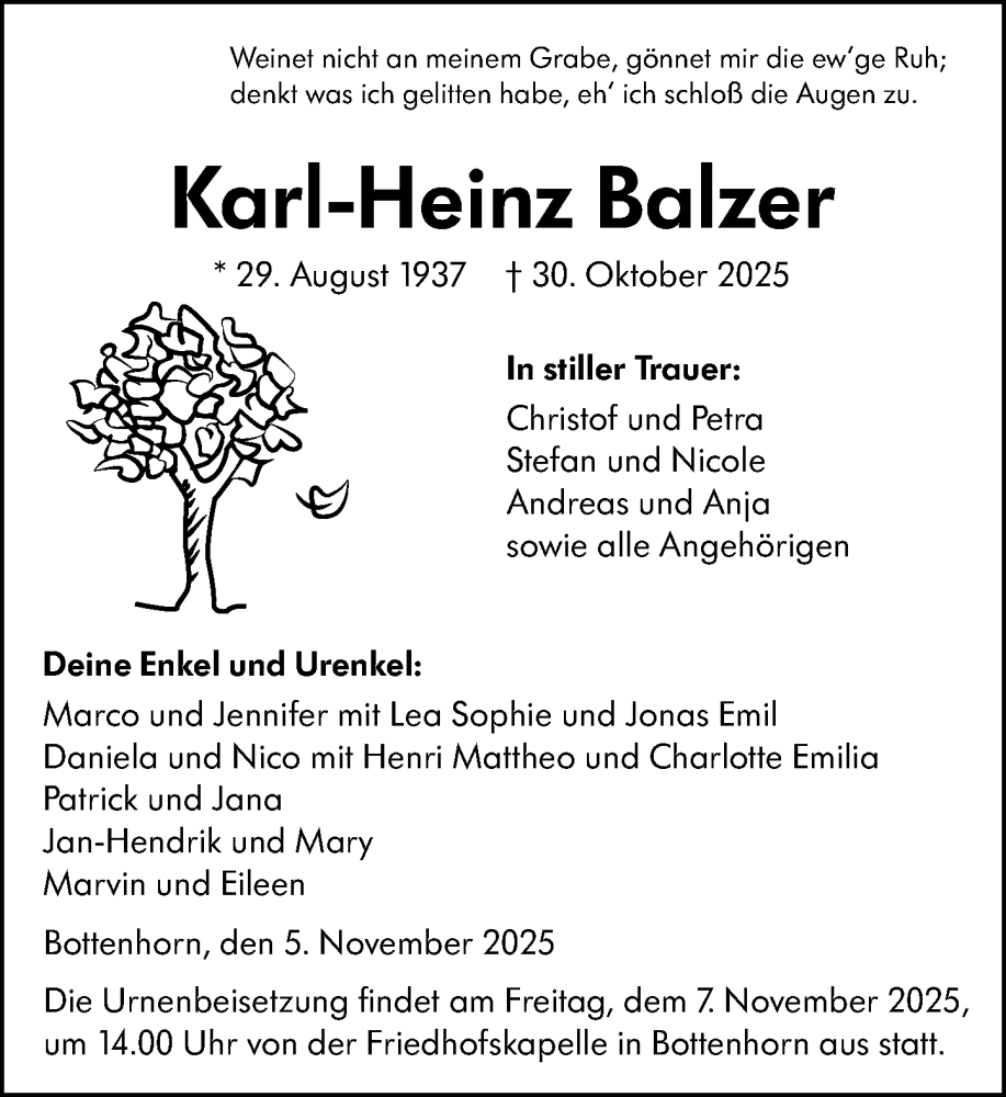  Traueranzeige für Karl-Heinz Balzer vom 05.11.2025 aus Hinterländer Anzeiger