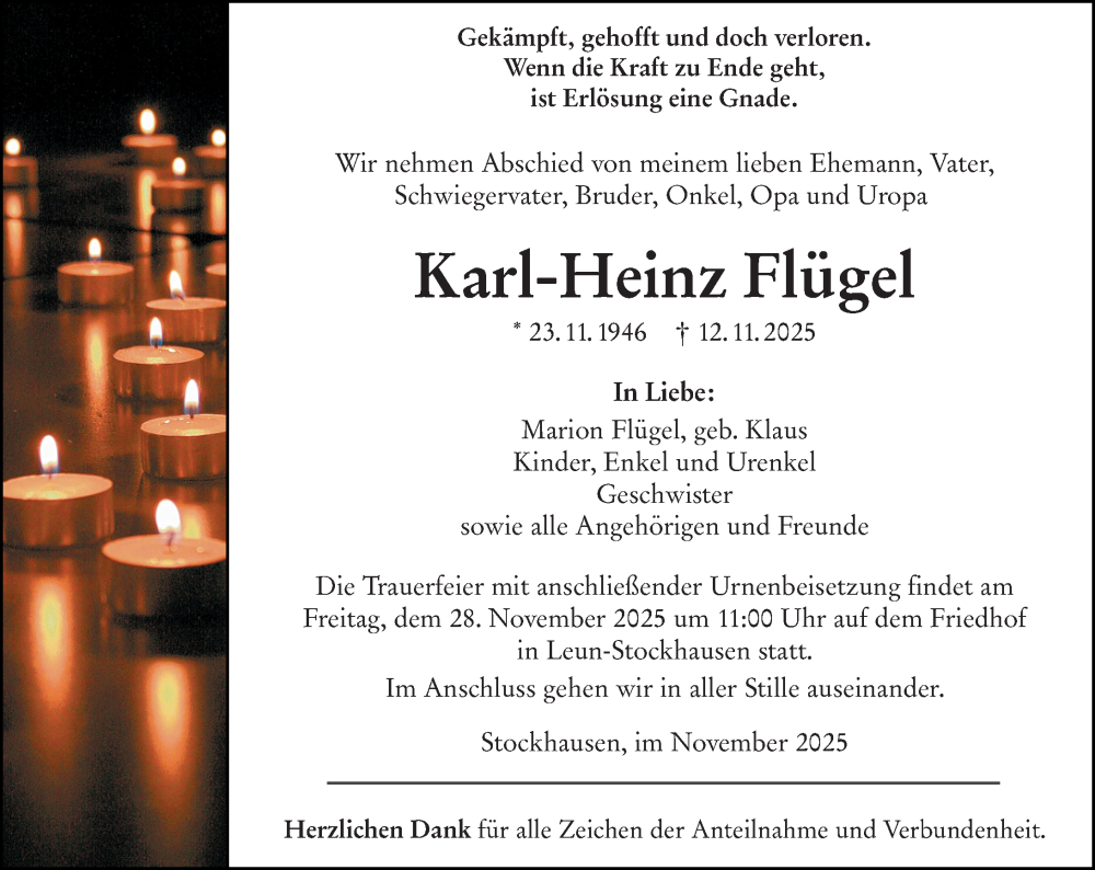  Traueranzeige für Karl-Heinz Flügel vom 25.11.2025 aus Wetzlarer Neue Zeitung
