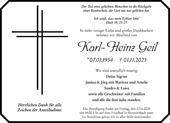Traueranzeige von Karl-Heinz Geil von Dill Block