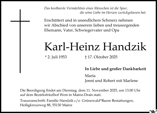Traueranzeige von Karl-Heinz Handzik von Allgemeine Zeitung Mainz