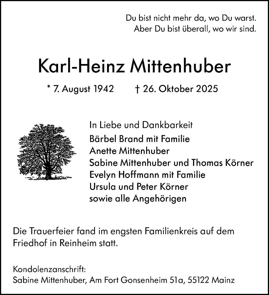  Traueranzeige für Karl-Heinz Mittenhuber vom 15.11.2025 aus Darmstädter Echo