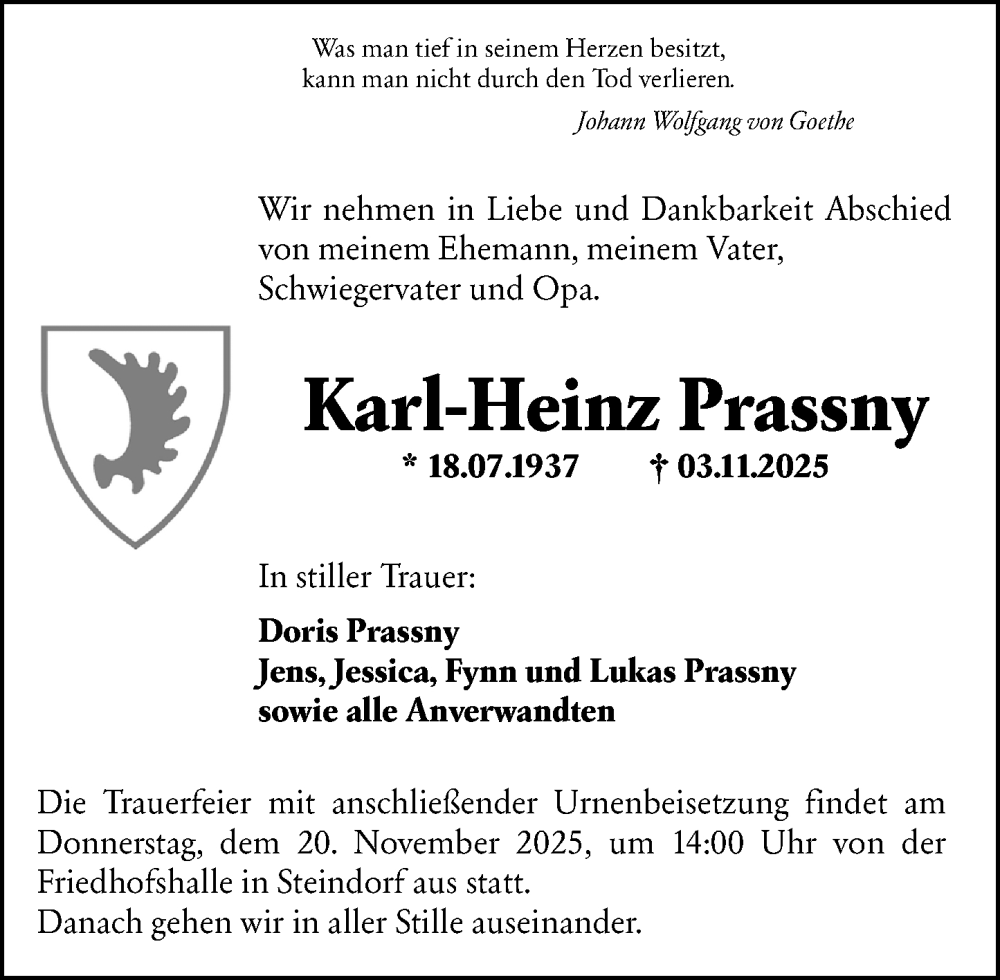  Traueranzeige für Karl-Heinz Prassny vom 15.11.2025 aus Wetzlarer Neue Zeitung