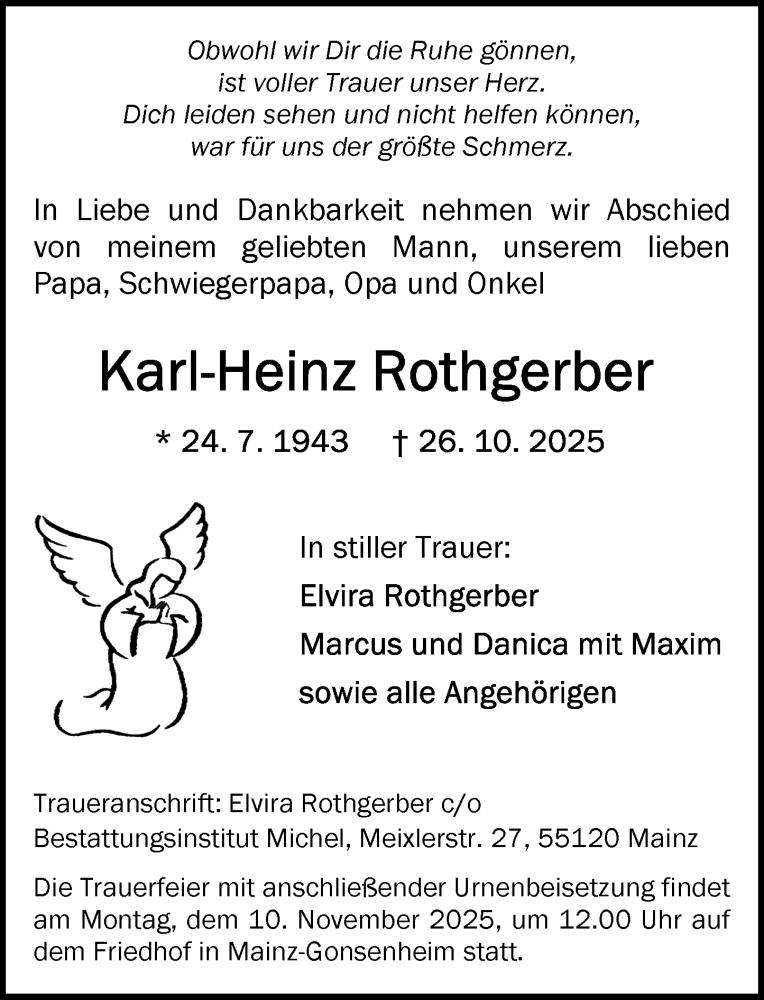  Traueranzeige für Karl-Heinz Rothgerber vom 08.11.2025 aus Allgemeine Zeitung Mainz