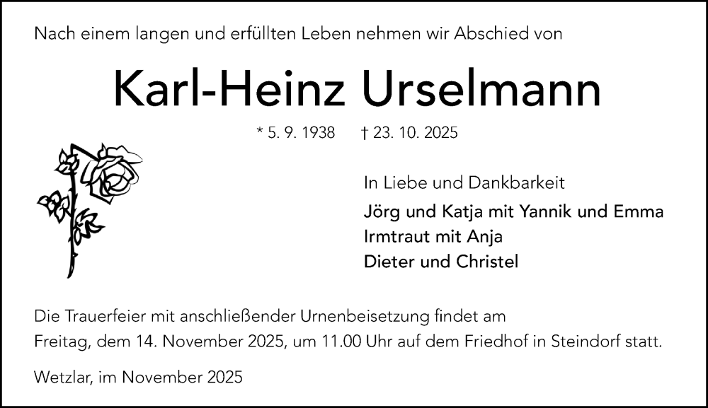  Traueranzeige für Karl-Heinz Urselmann vom 08.11.2025 aus Wetzlarer Neue Zeitung