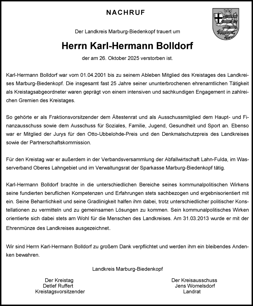  Traueranzeige für Karl-Hermann Bolldorf vom 05.11.2025 aus Hinterländer Anzeiger