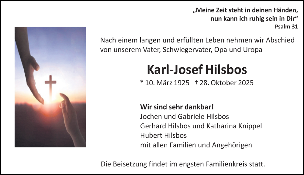  Traueranzeige für Karl-Josef Hilsbos vom 08.11.2025 aus Allgemeine Zeitung Rheinhessen-Nahe