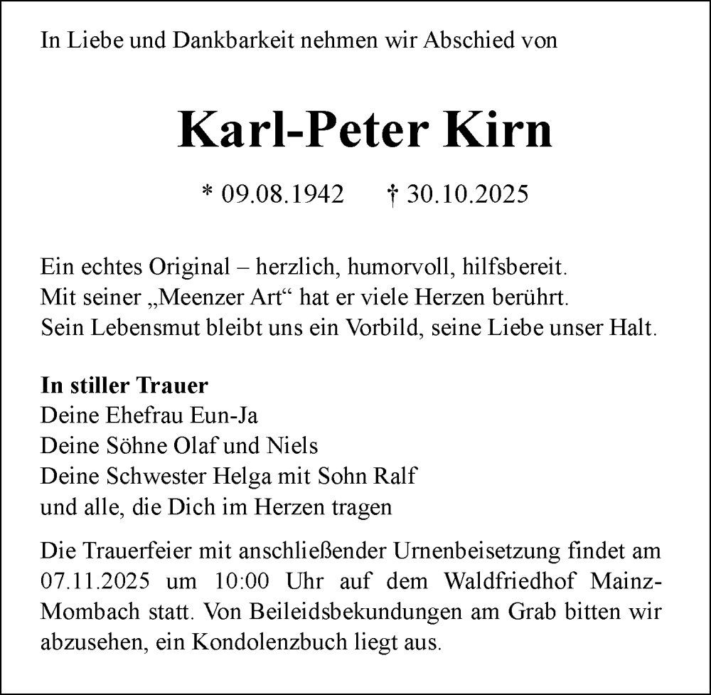  Traueranzeige für Karl-Peter Kirn vom 05.11.2025 aus Allgemeine Zeitung Mainz