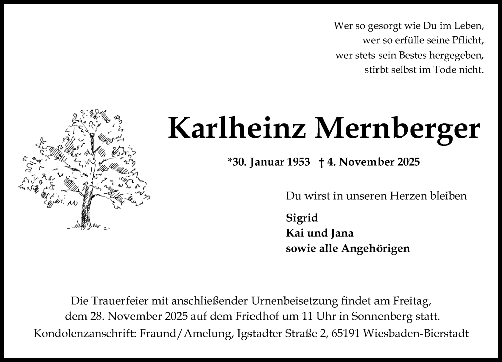  Traueranzeige für Karlheinz Mernberger vom 22.11.2025 aus Wiesbadener Kurier