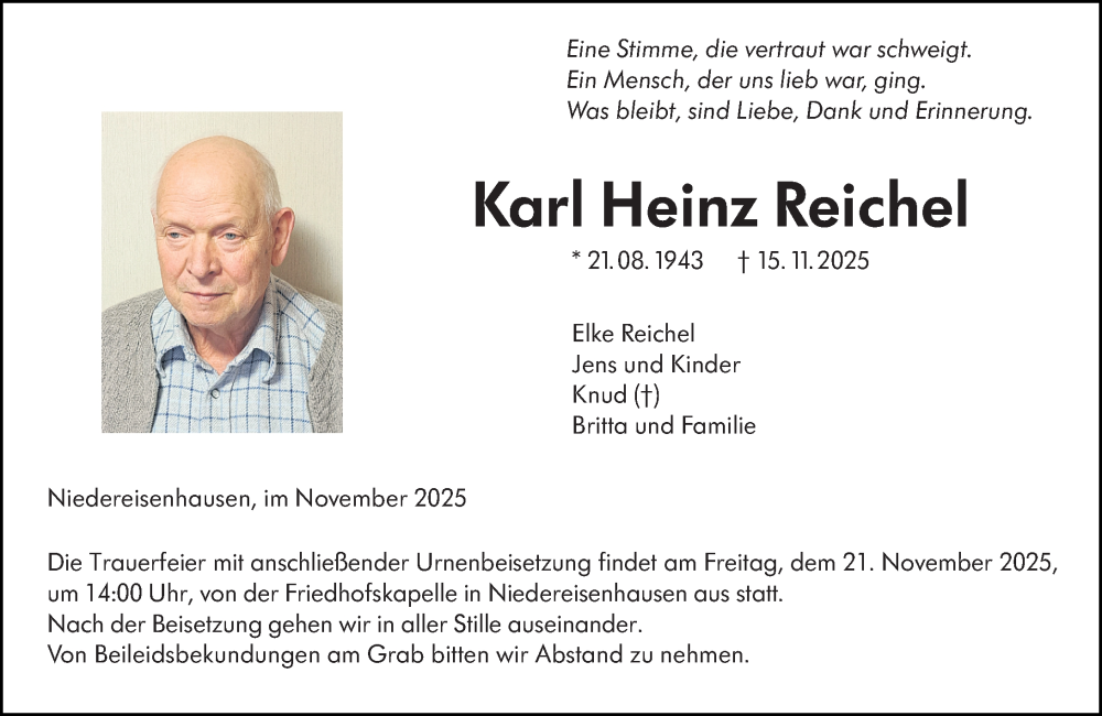  Traueranzeige für Karl Heinz Reichel vom 19.11.2025 aus Hinterländer Anzeiger