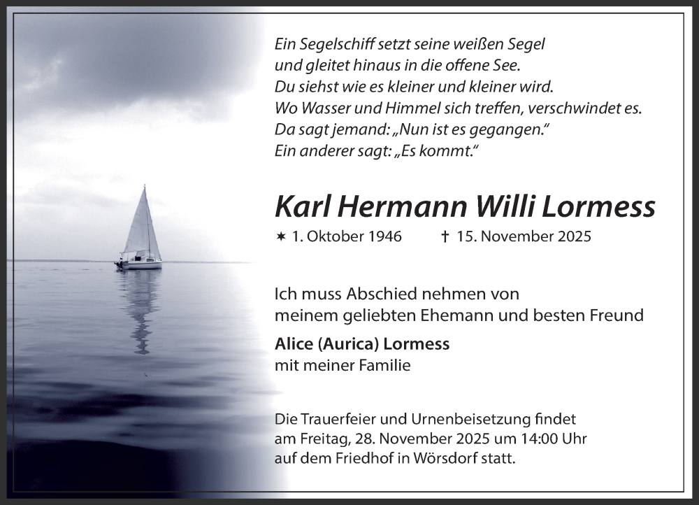  Traueranzeige für Karl Hermann Willi Lormess vom 22.11.2025 aus Idsteiner Land/Untertaunus