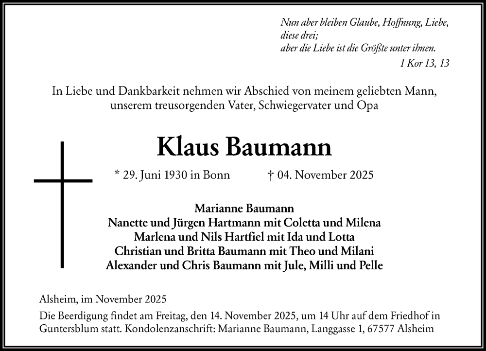  Traueranzeige für Klaus Baumann vom 08.11.2025 aus Wormser Zeitung