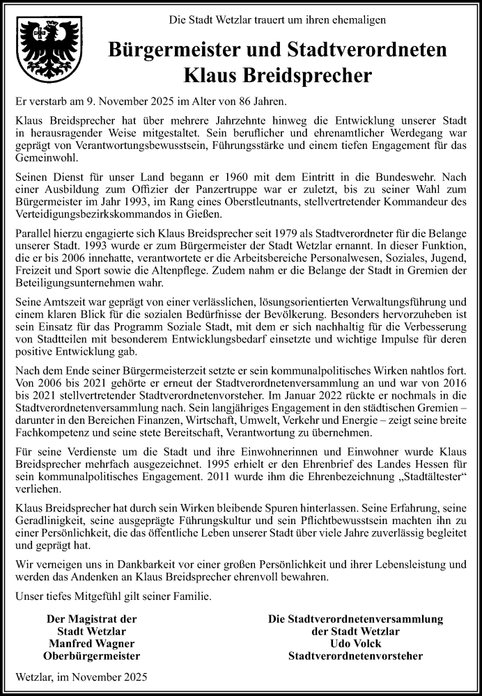  Traueranzeige für Klaus Breidsprecher vom 22.11.2025 aus Wetzlarer Neue Zeitung