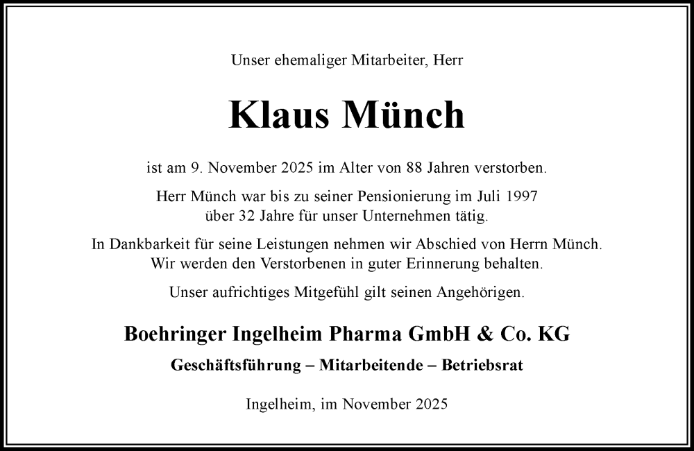  Traueranzeige für Klaus Münch vom 17.11.2025 aus Allgemeine Zeitung Rheinhessen-Nahe