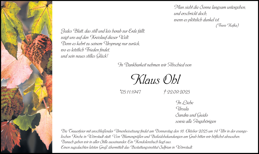  Traueranzeige für Klaus Ohl vom 11.10.2025 aus Allgemeine Zeitung Alzey