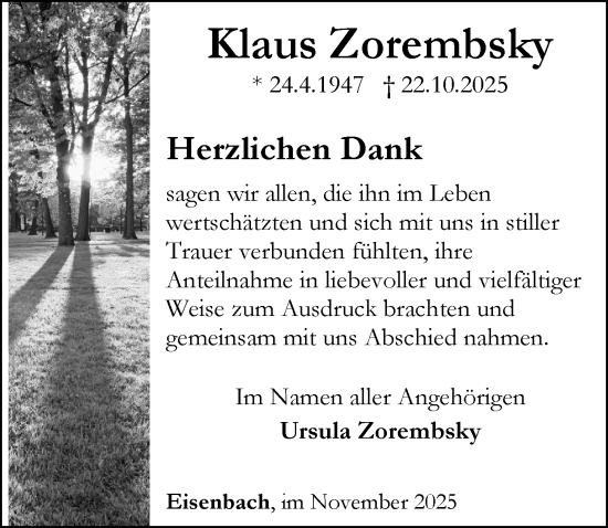 Traueranzeige von Klaus Zorembsky von Camberger Anzeiger