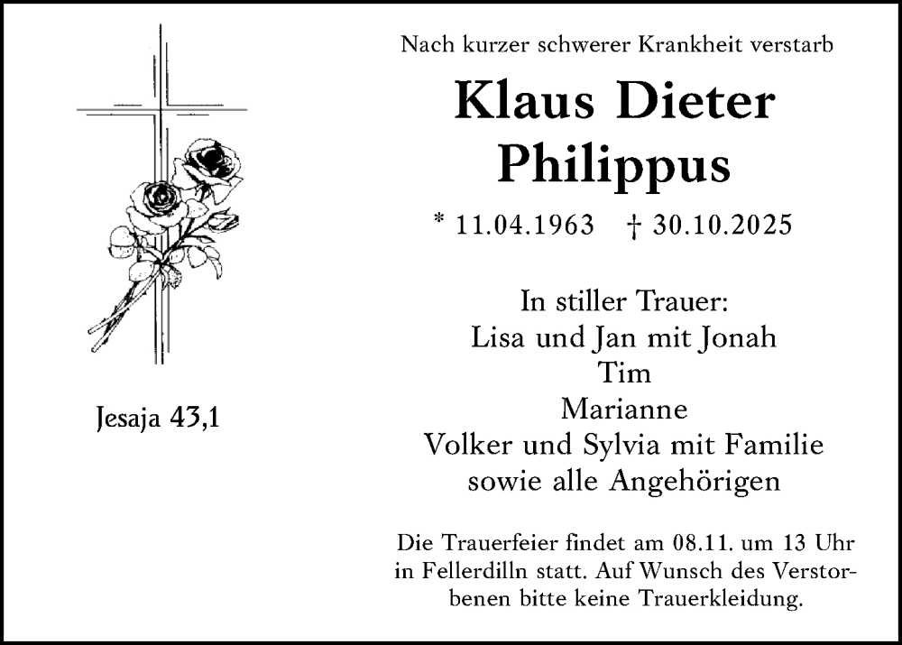  Traueranzeige für Klaus Dieter Philippus vom 06.11.2025 aus Dill Block