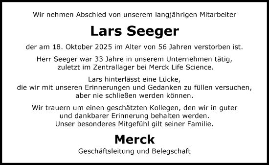 Traueranzeige von Lars Seeger von Darmstädter Echo