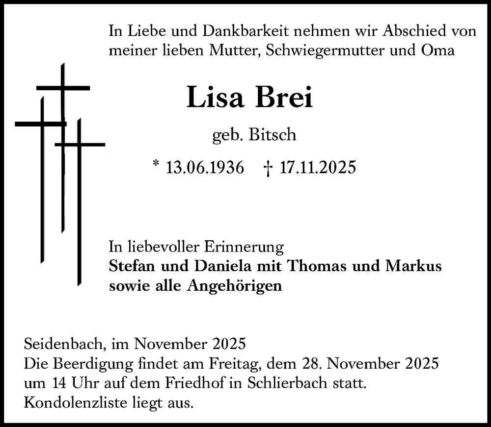 Traueranzeige für Lisa Brei vom 22.11.2025 aus Starkenburger Echo