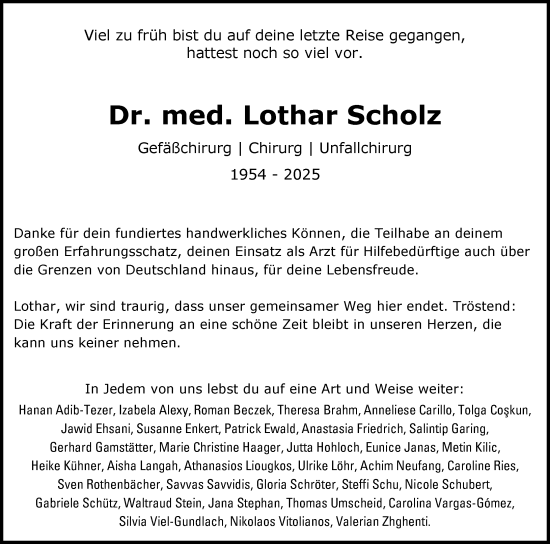 Traueranzeige von Lothar Scholz von Wiesbadener Kurier