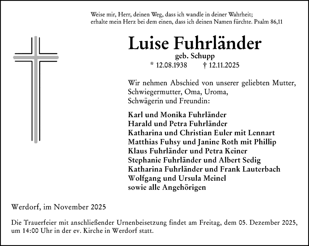  Traueranzeige für Luise Fuhrländer vom 27.11.2025 aus Wetzlarer Neue Zeitung