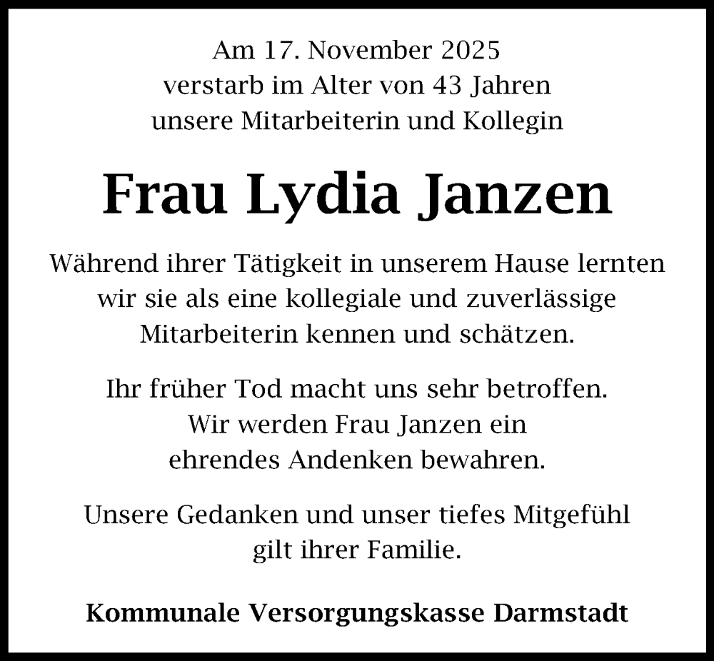  Traueranzeige für Lydia Janzen vom 29.11.2025 aus Darmstädter Echo