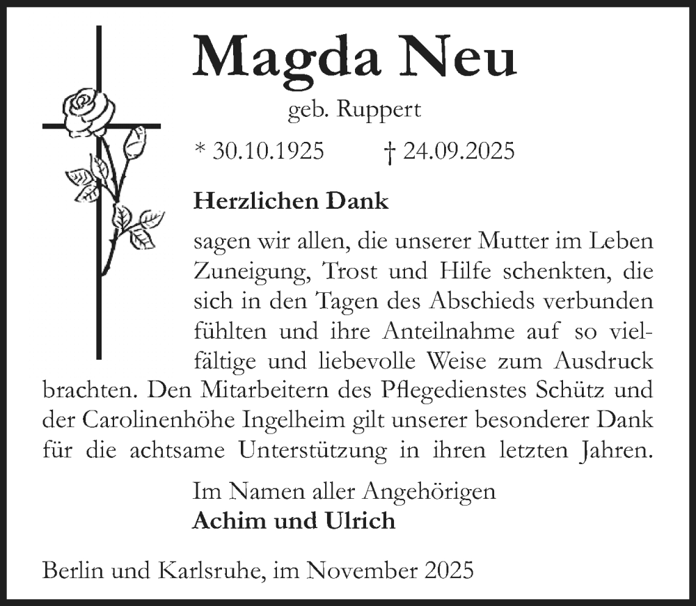  Traueranzeige für Magda Neu vom 29.11.2025 aus Allgemeine Zeitung Rheinhessen-Nahe
