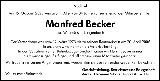 Traueranzeige von Manfred Becker von Weilburger Tageblatt