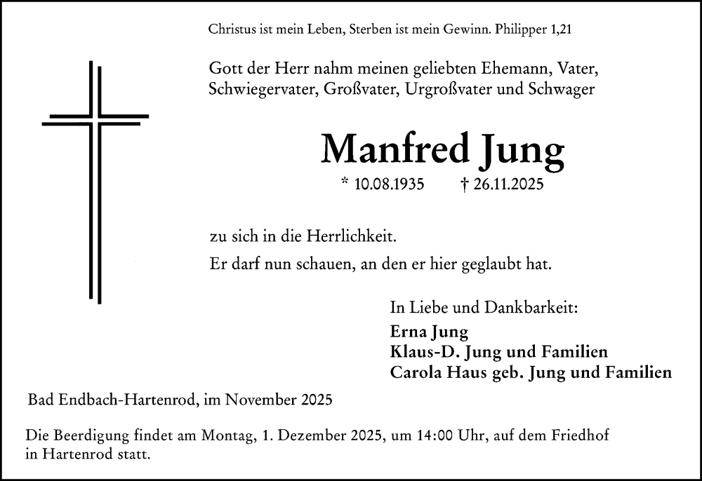  Traueranzeige für Manfred Jung vom 28.11.2025 aus Hinterländer Anzeiger