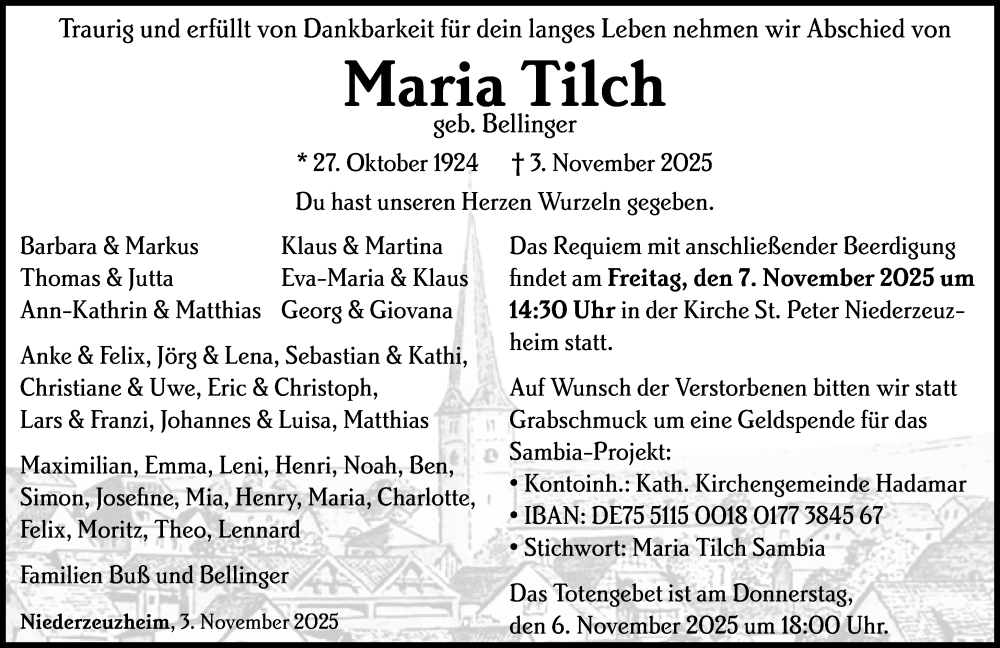  Traueranzeige für Maria Tilch vom 06.11.2025 aus Nassauische Neue Presse
