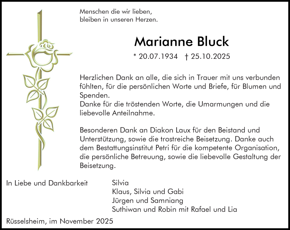  Traueranzeige für Marianne Bluck vom 22.11.2025 aus Rüsselsheimer Echo